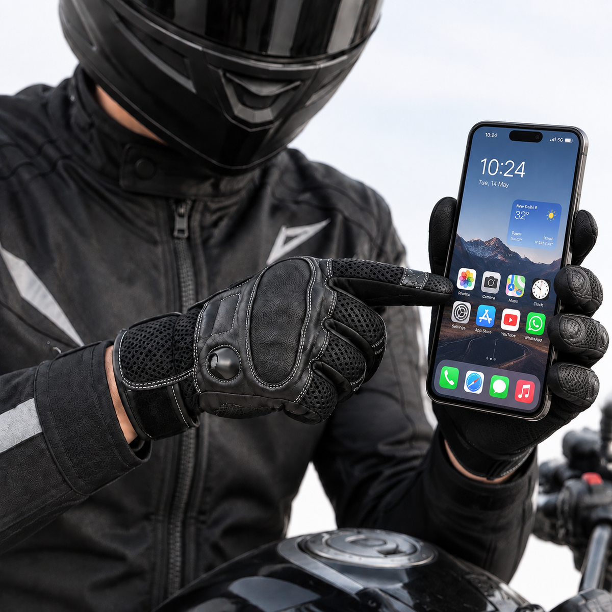 Herren Motorradhandschuhe Schwarz mit Protektor, Mesh-Einsätzen und Klettverschluss