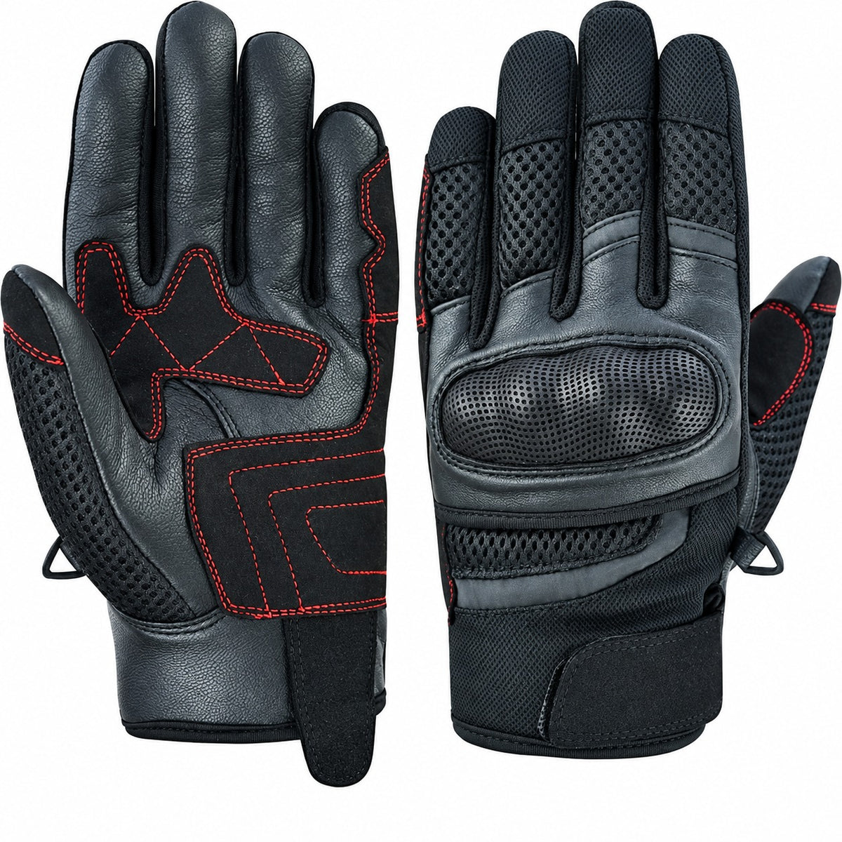 Herren Motorradhandschuhe Schwarz mit Lederhandfläche und Mesh-Einsätzen