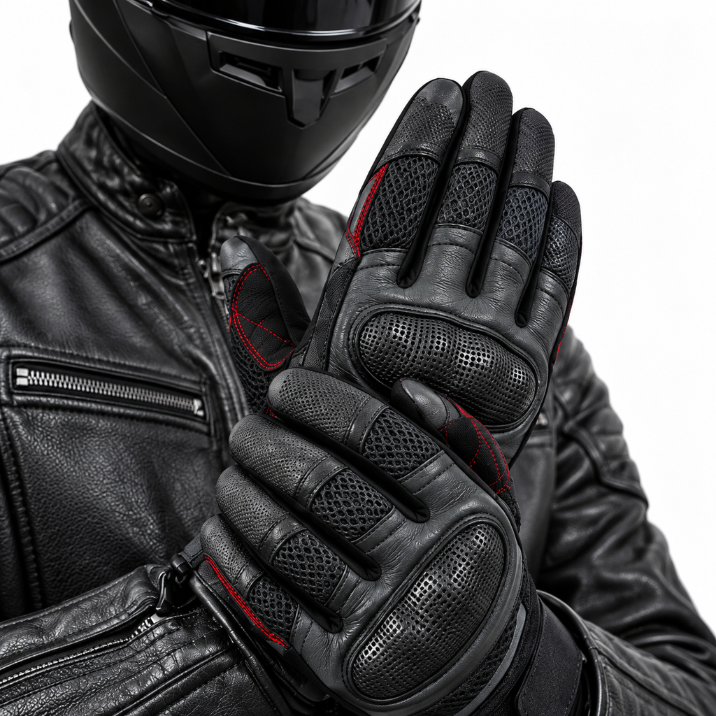 Herren Motorradhandschuhe Schwarz mit Lederhandfläche und Mesh-Einsätzen