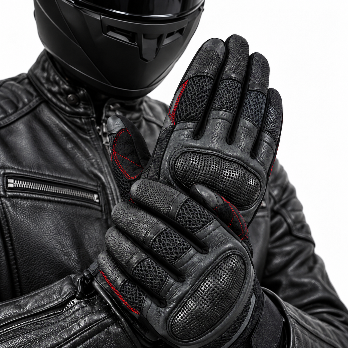 Herren Motorradhandschuhe Schwarz mit Lederhandfläche und Mesh-Einsätzen
