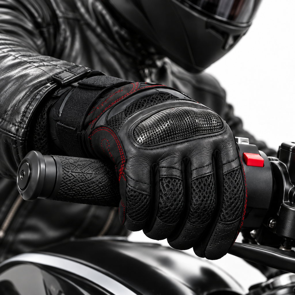 Herren Motorradhandschuhe Schwarz mit Lederhandfläche und Mesh-Einsätzen