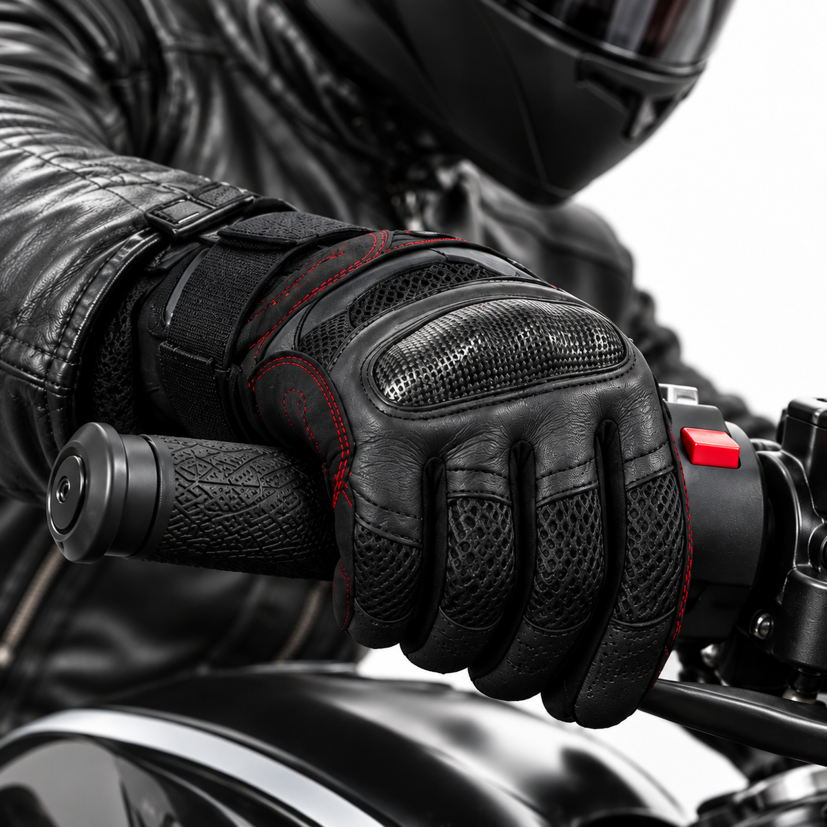 Herren Motorradhandschuhe Schwarz mit Lederhandfläche und Mesh-Einsätzen