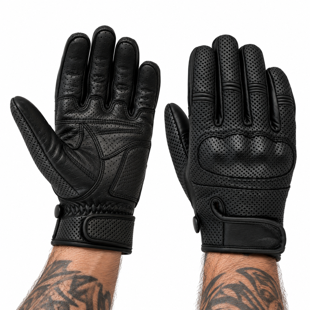 Schwarze Lederhandschuhe Motorrad – Perforiert & Verstärkt