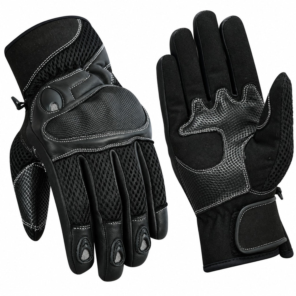 Herren Motorradhandschuhe Schwarz mit Protektor, Mesh-Einsätzen und Klettverschluss