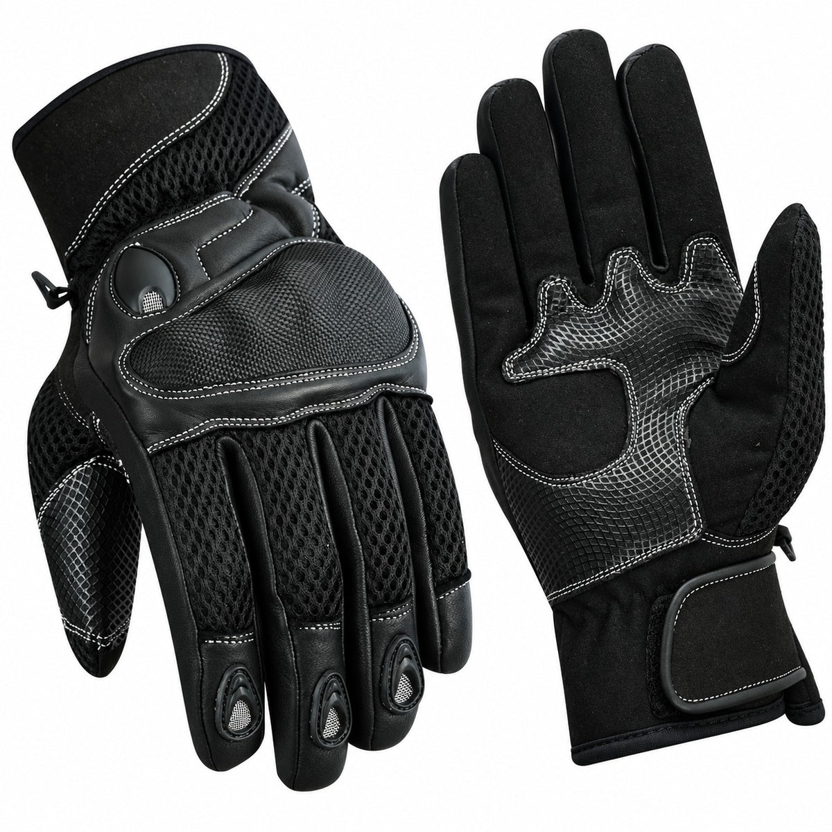 Herren Motorradhandschuhe Schwarz mit Protektor, Mesh-Einsätzen und Klettverschluss