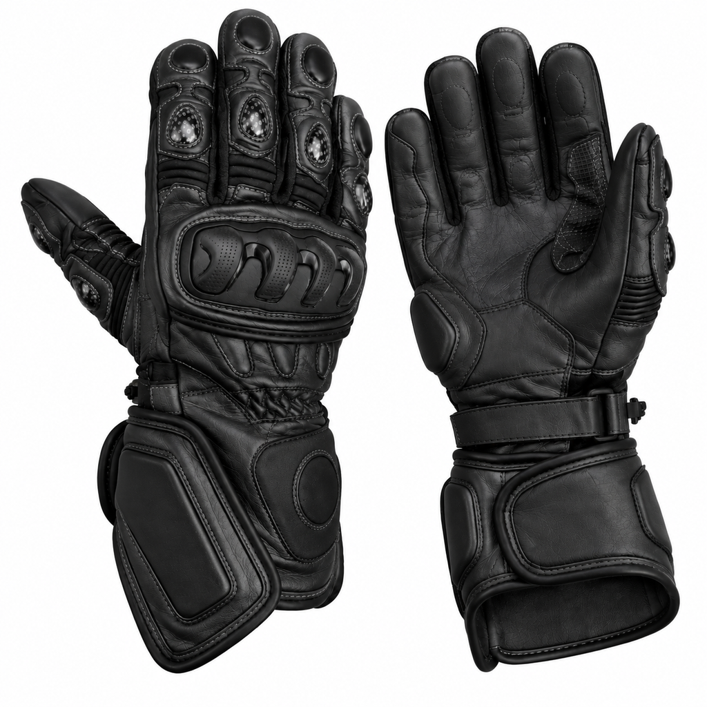 Herren Motorradhandschuhe Schwarz mit Knöchelprotektor und Langschaft