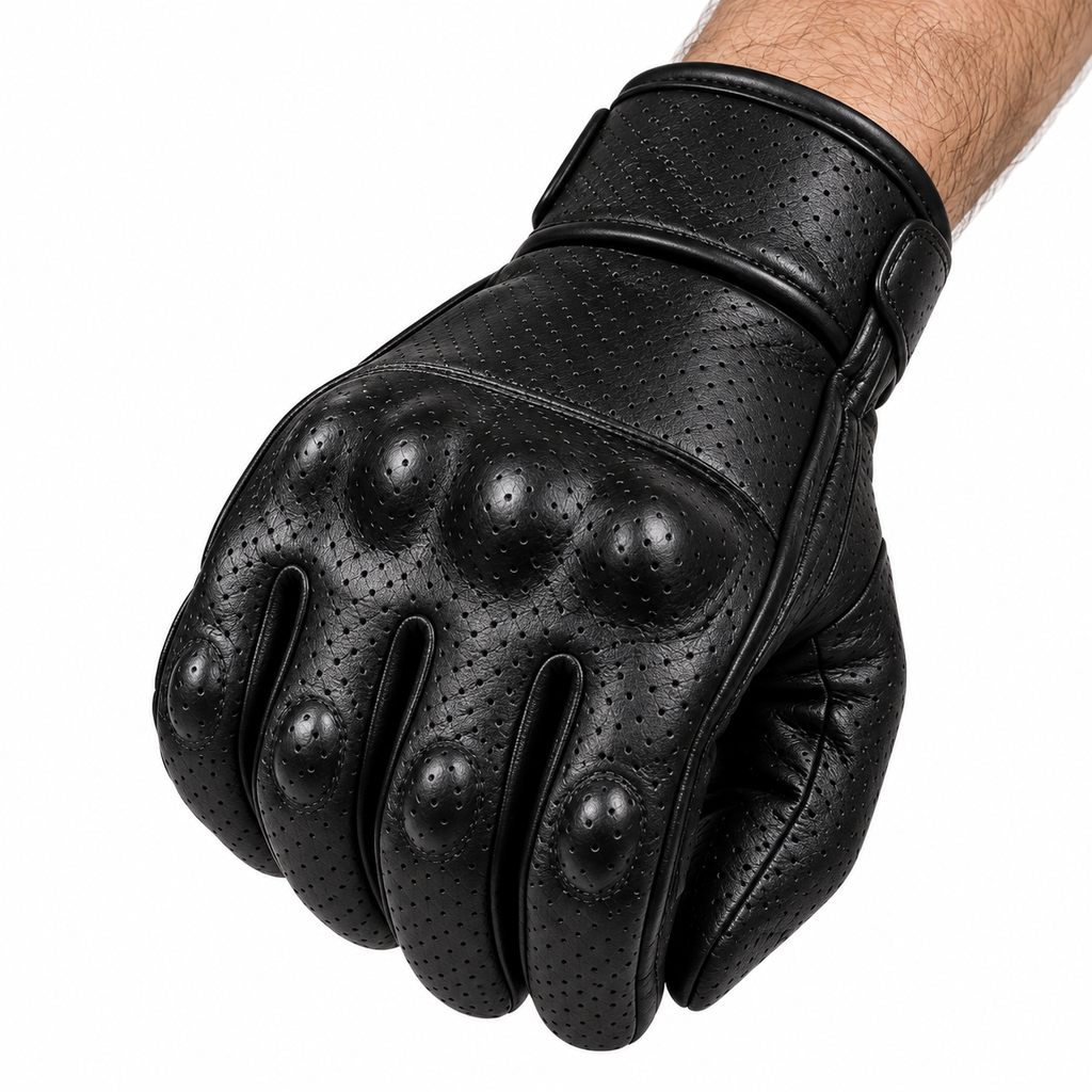Schwarze Lederhandschuhe für Motorradfahrer mit Knöchelschutz