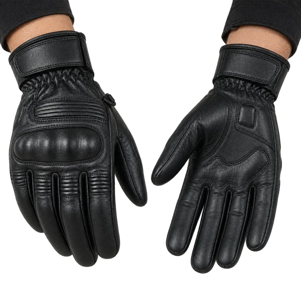 Herren Motorrad Lederhandschuhe Schwarz mit Handprotekto