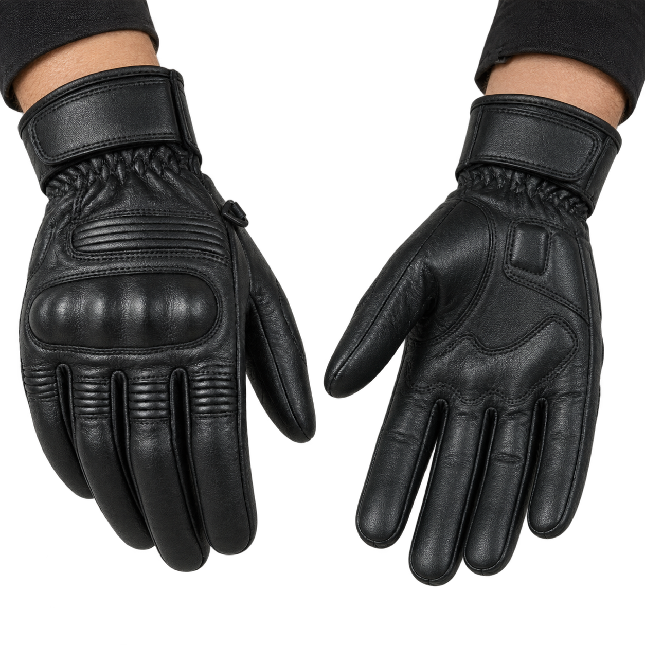 Herren Motorrad Lederhandschuhe Schwarz mit Handprotekto