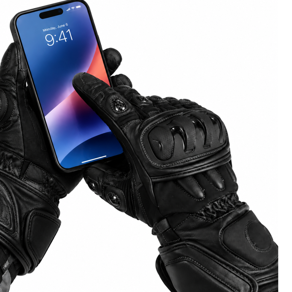 Herren Motorradhandschuhe Schwarz mit Knöchelprotektor und Langschaft