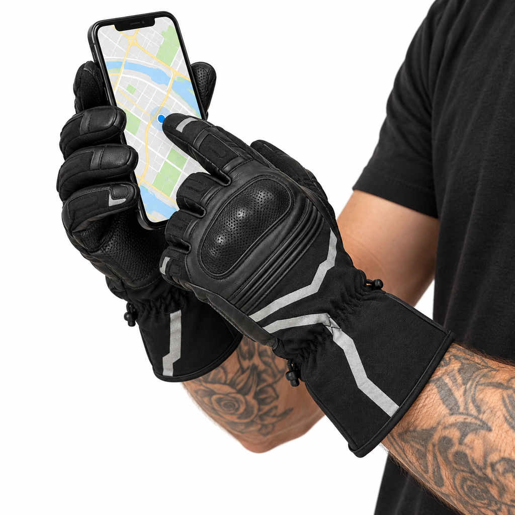 Herren Motorradhandschuhe Schwarz mit Knöchelpolster und Touchscreen-Funktion