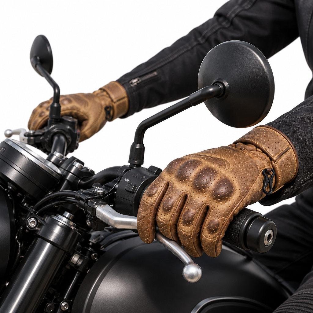 Braune Motorrad-Lederhandschuhe für Herren mit Knöchelschutz