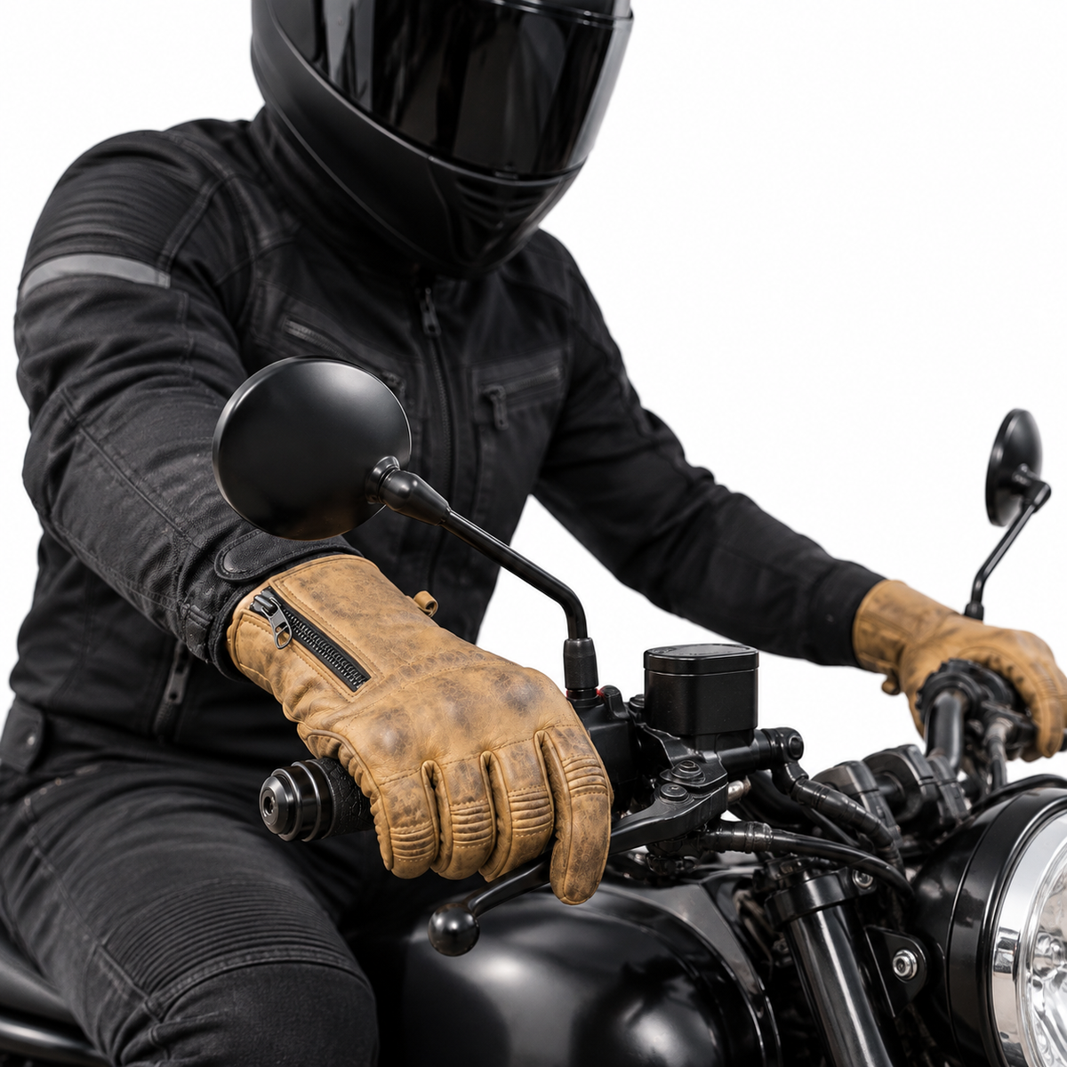 Herren Motorradhandschuhe Braun aus Leder mit Reißverschluss