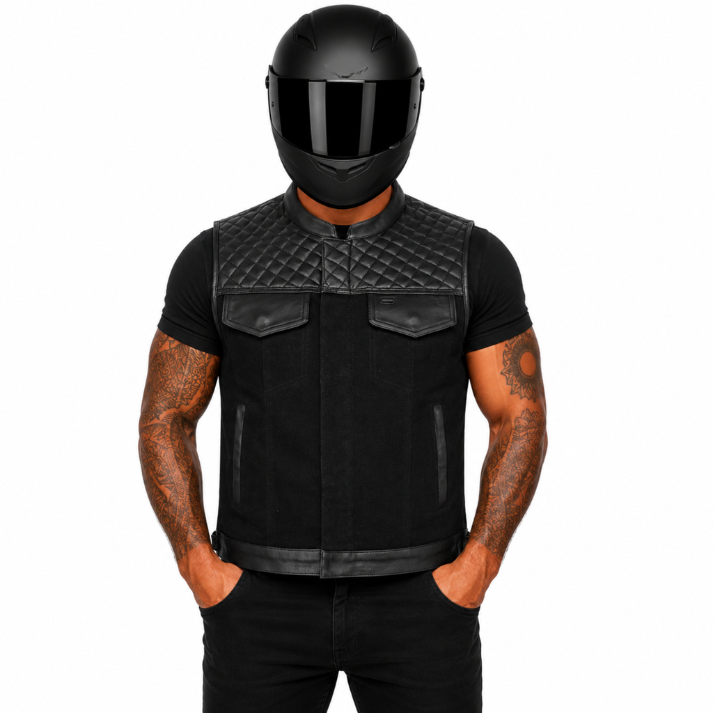 RoadKing Herren Motorrad Lederweste Schwarz – Rindsleder & Baumwoll-Denim