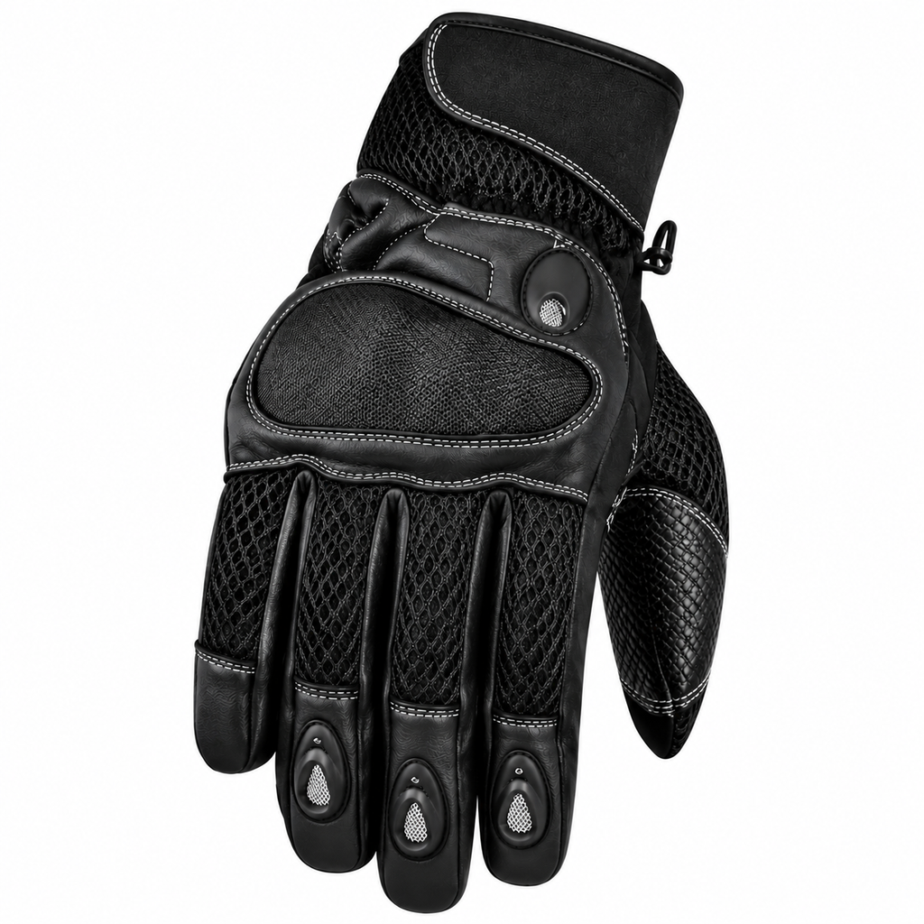Herren Motorradhandschuhe Schwarz mit Protektor, Mesh-Einsätzen und Klettverschluss