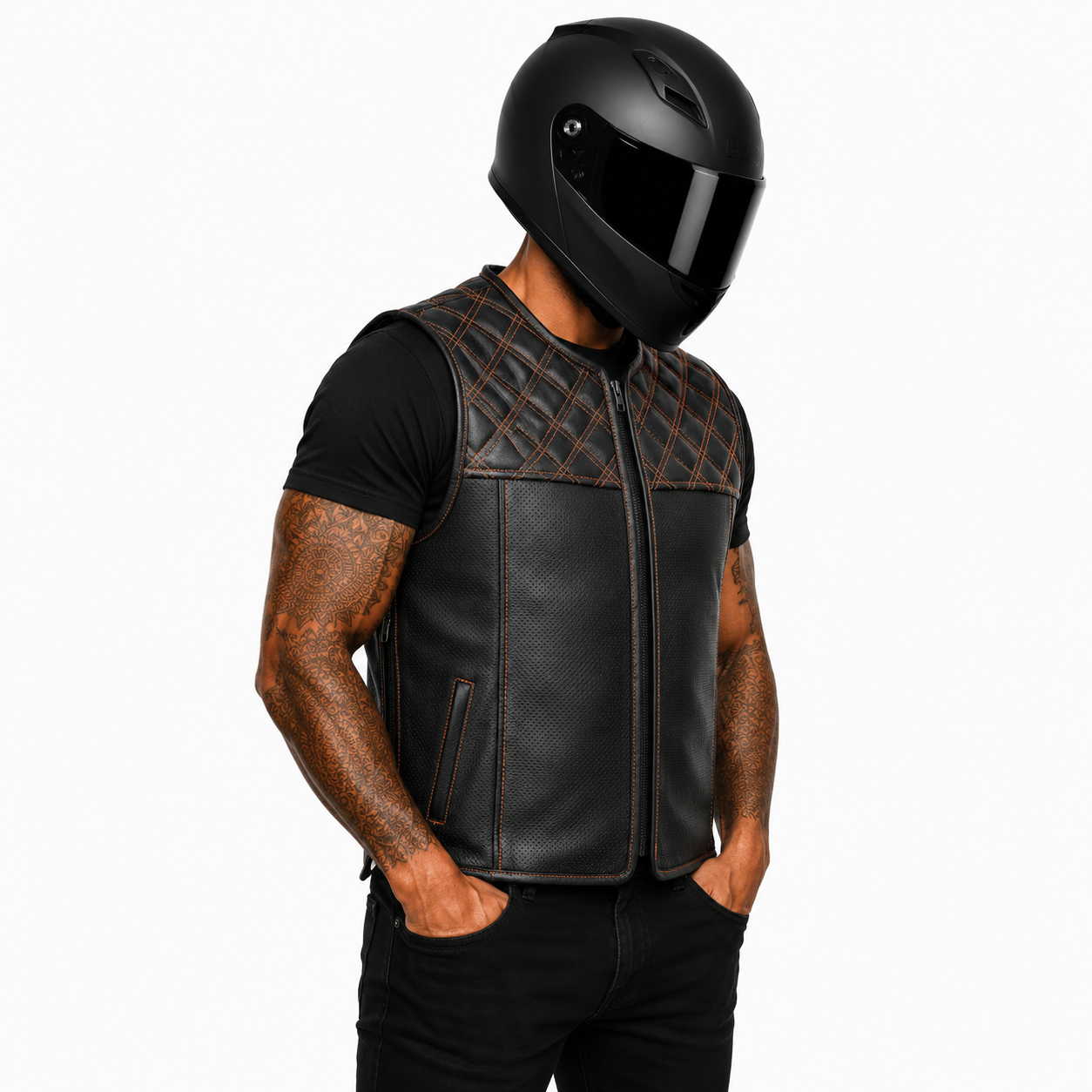 Street Rider Herren Lederweste Schwarz mit Rautensteppung