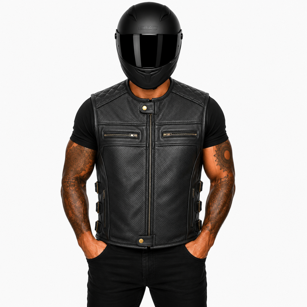 Road Star Herren Motorradweste Schwarz aus Leder