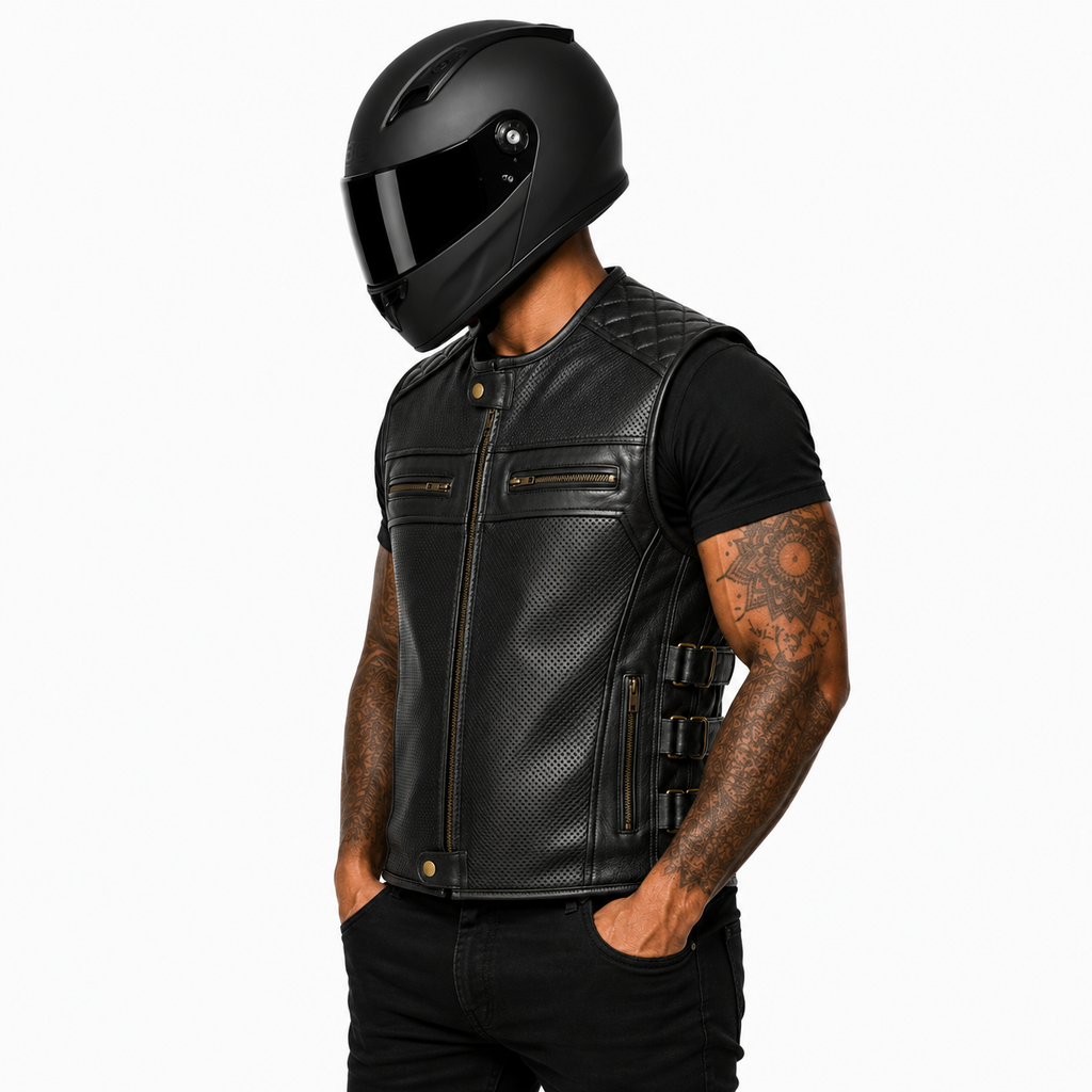 Road Star Herren Motorradweste Schwarz aus Leder