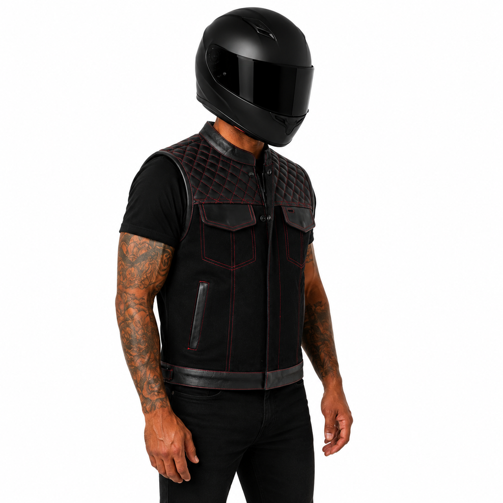 Roadking Motorradweste Schwarz aus Leder & Cotton Jean mit Stehkragen