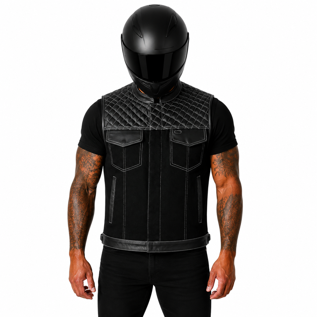 Road King Biker Weste Herren Schwarz Leder Textil