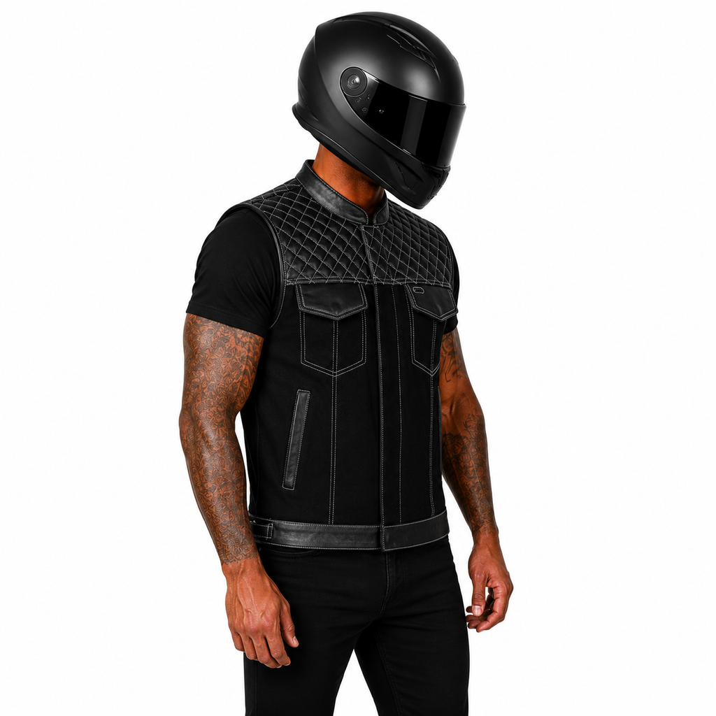 Road King Biker Weste Herren Schwarz Leder Textil