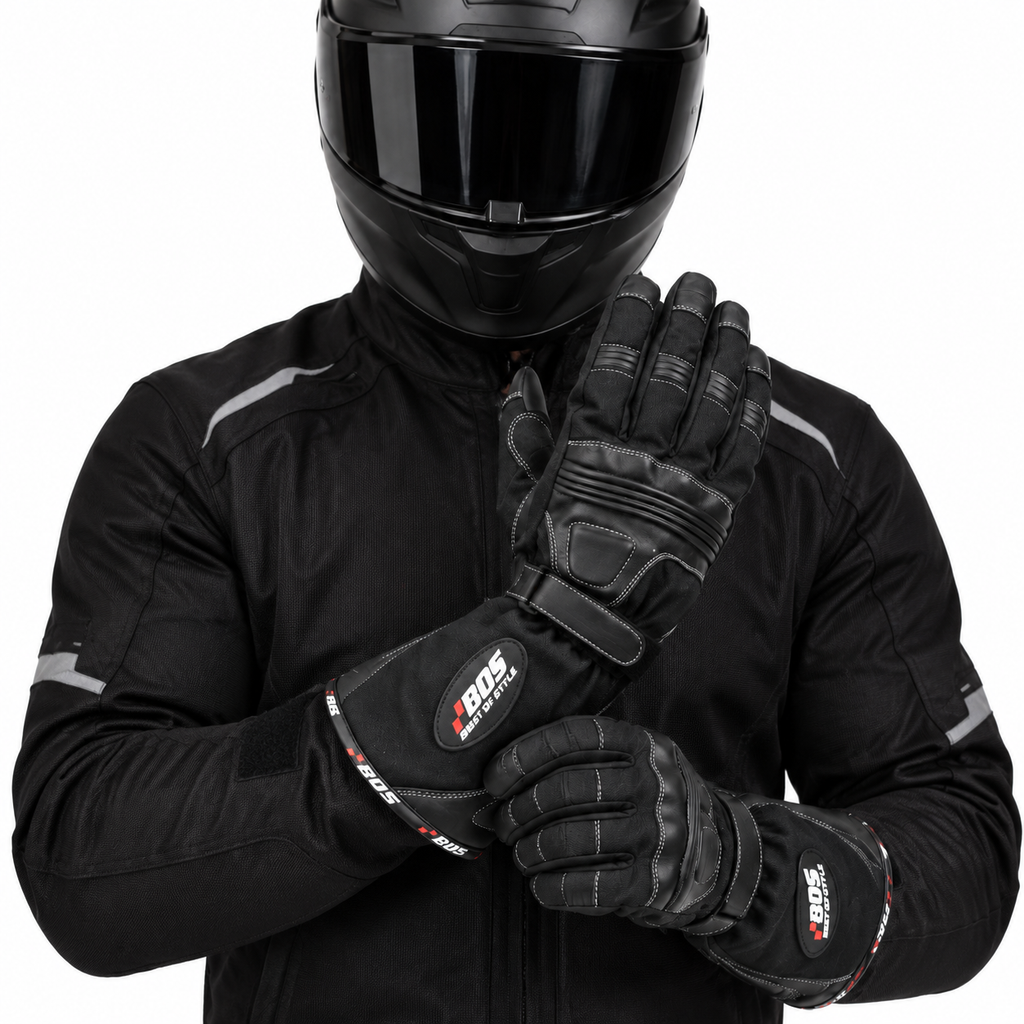 Motorradhandschuhe Herren mit langer Stulpe und verstärkter Handfläche Schwarz