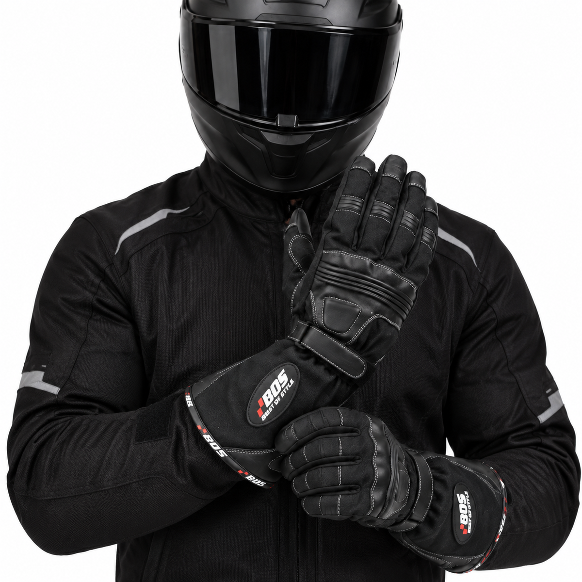 Motorradhandschuhe Herren mit langer Stulpe und verstärkter Handfläche Schwarz