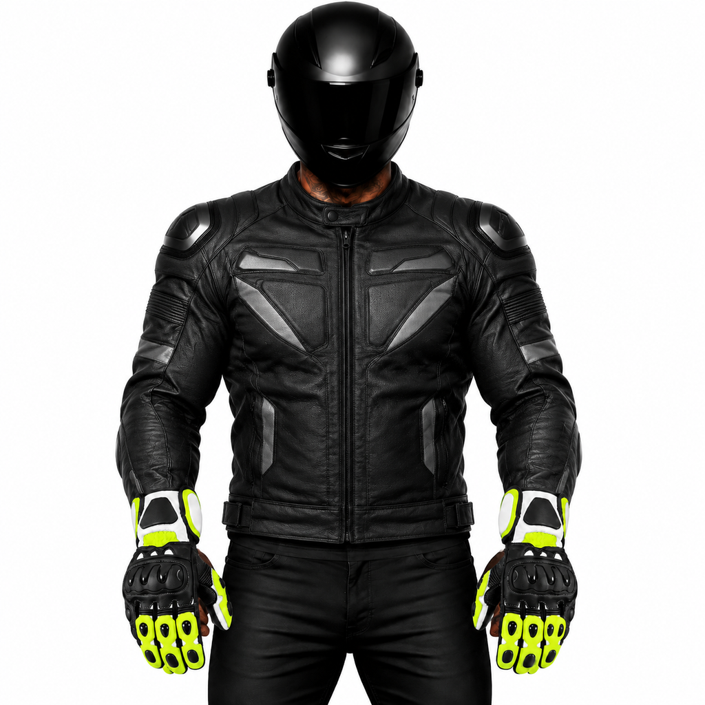 Herren Motorradhandschuhe Schwarz Grün mit Hartschutz und langer Stulpe