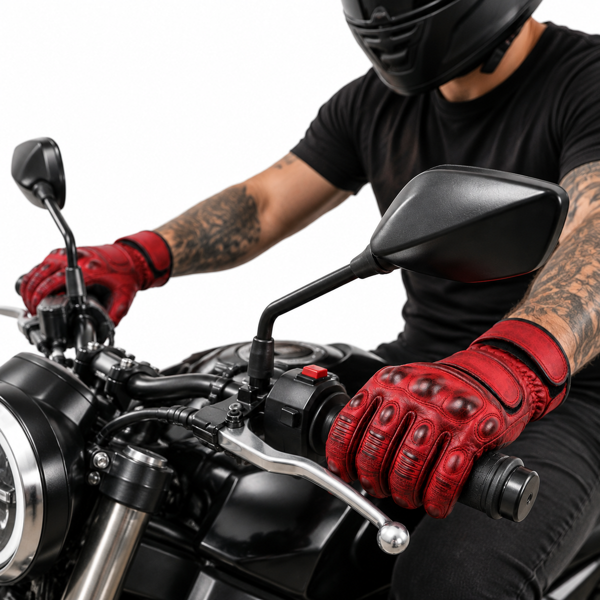 Herren Lederhandschuhe Rot für Motorrad mit Handprotektoren