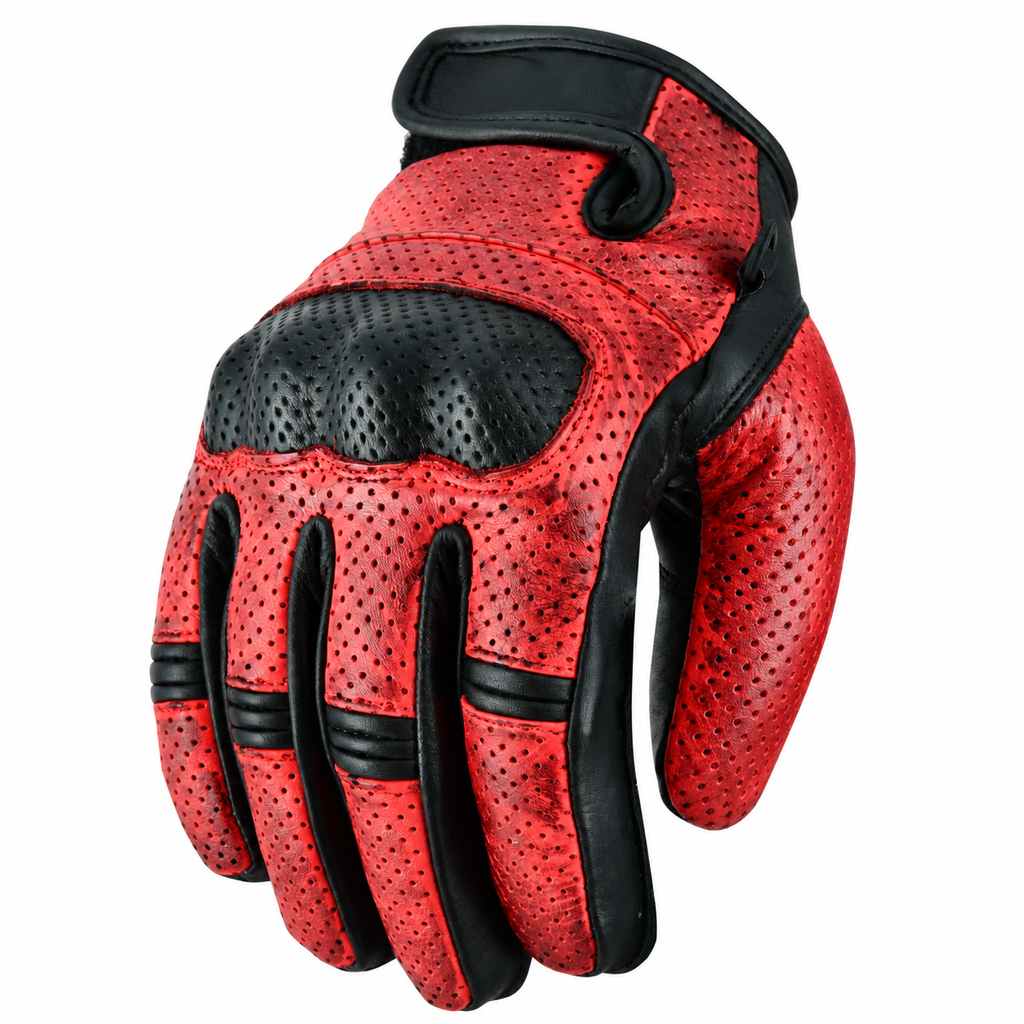 Herren Motorrad Lederhandschuhe Rot Schwarz mit Protektoren