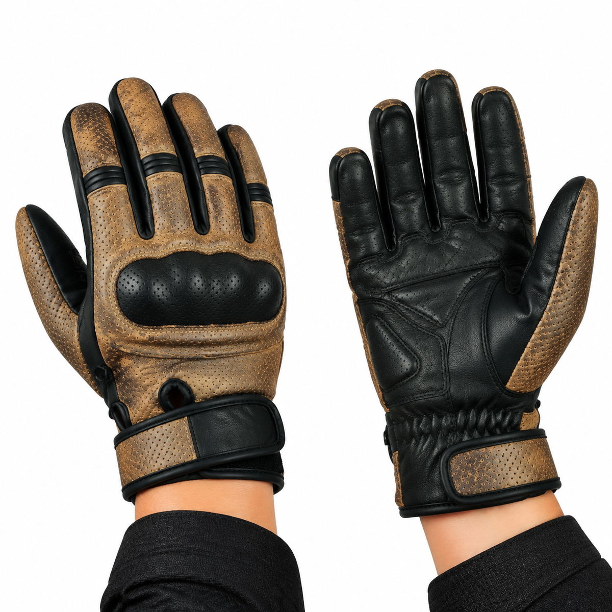 Herren Motorrad-Lederhandschuhe Braun – Perforierte Ausführung