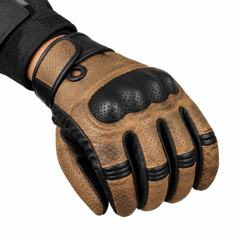 Herren Motorrad-Lederhandschuhe Braun – Perforierte Ausführung