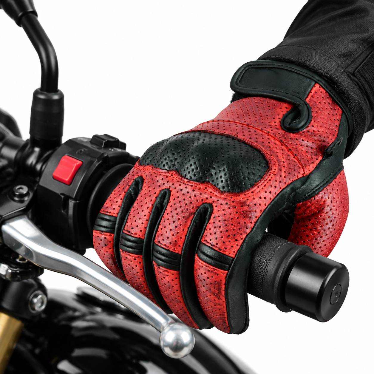 Herren Motorrad Lederhandschuhe Rot Schwarz mit Protektoren