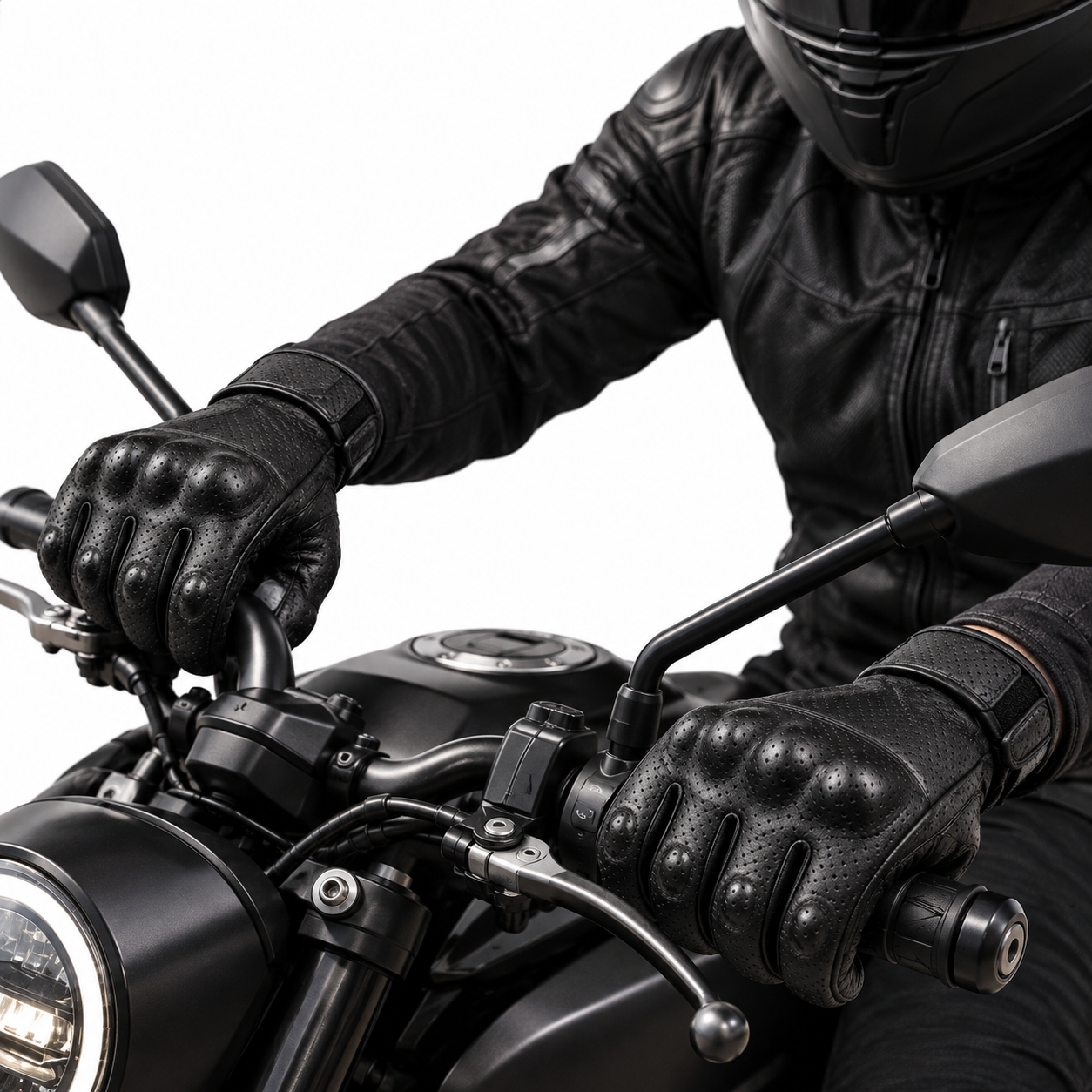 Schwarze Lederhandschuhe für Motorradfahrer mit Knöchelschutz