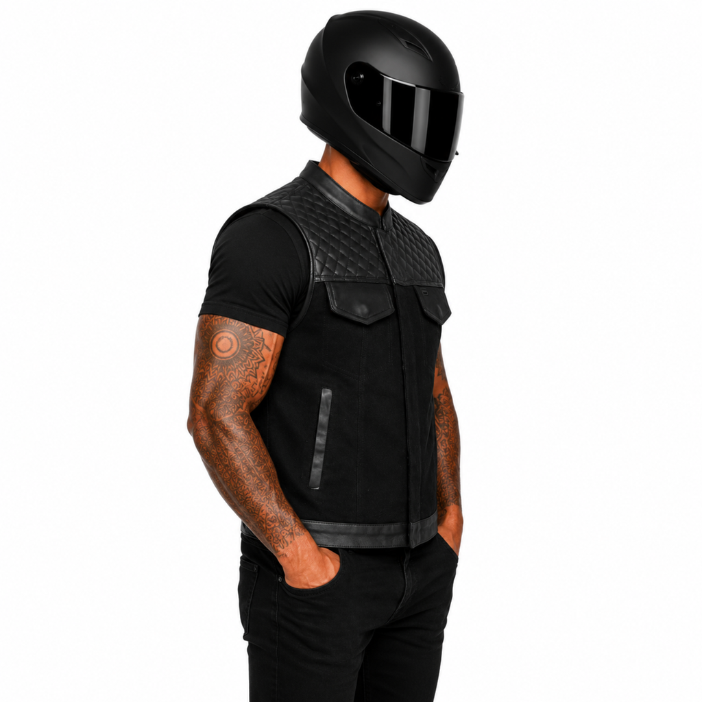 RoadKing Herren Motorrad Lederweste Schwarz – Rindsleder & Baumwoll-Denim