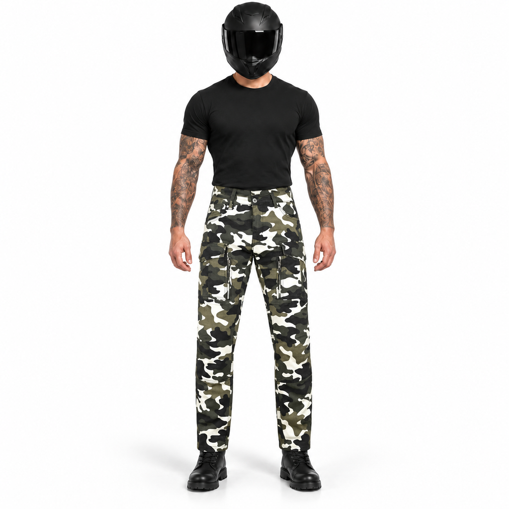 Motorrad-Cargohose Weiß mit Baumwollstretch und CE-Knieprotektoren