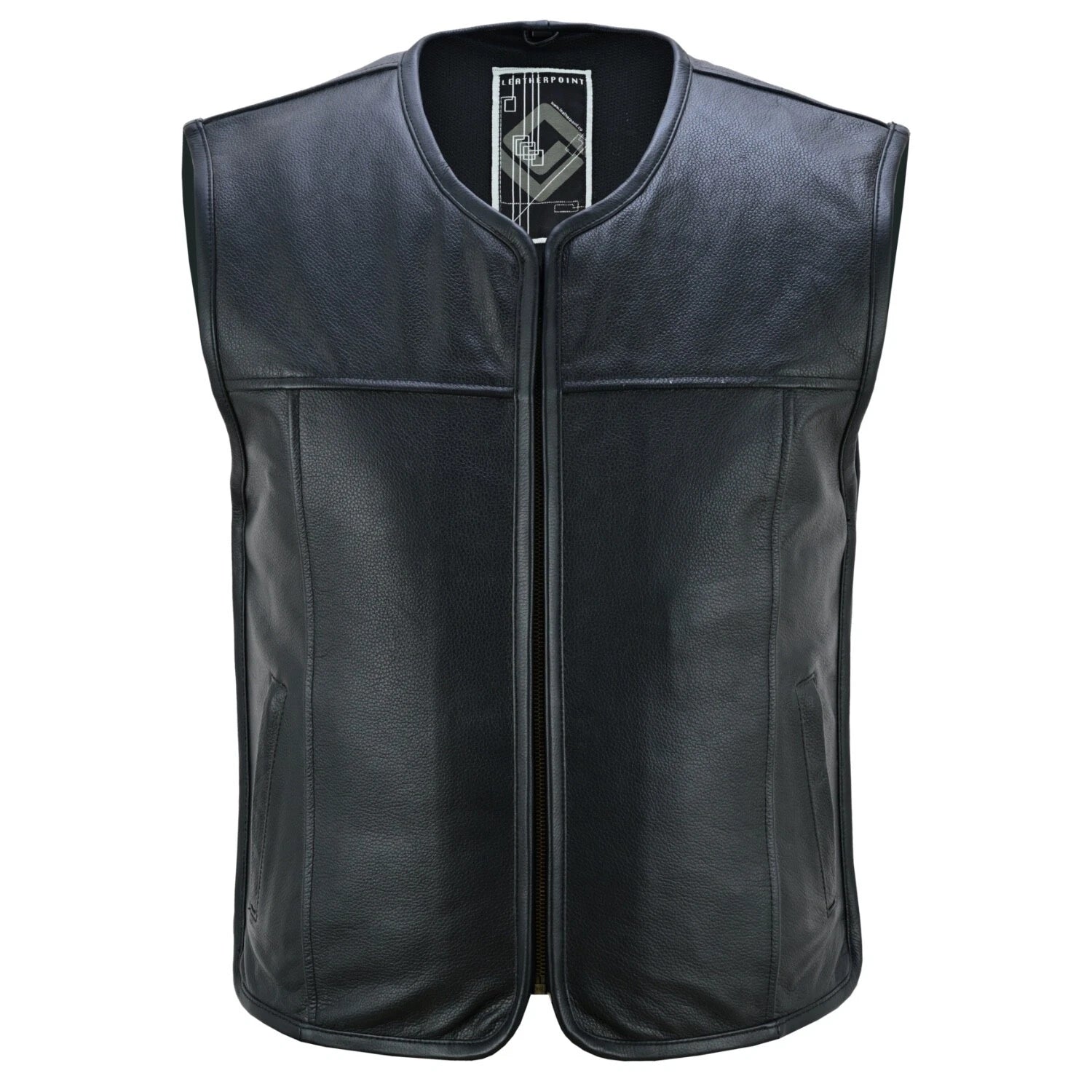Frontansicht der Phantom Motorrad Lederweste aus glattem Rindsleder, komplett rund eingefasst