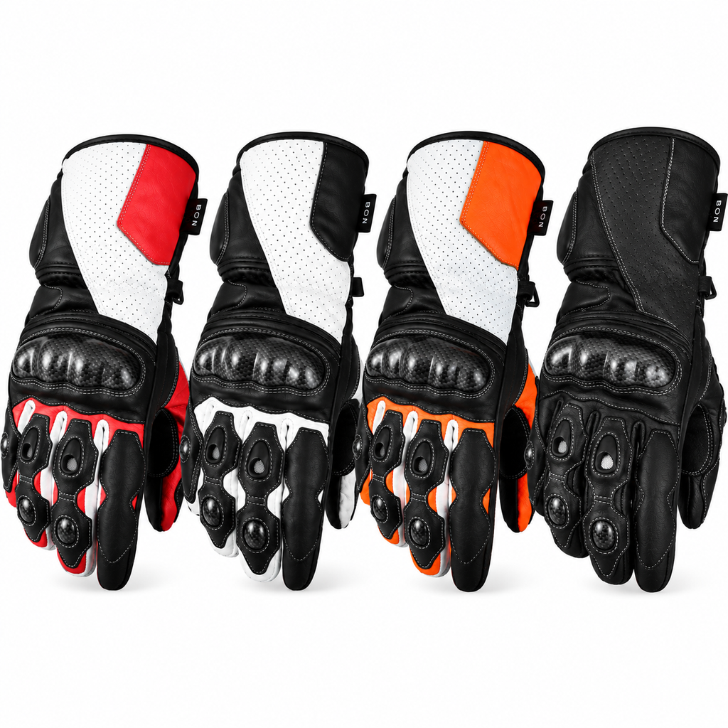 Herren Motorradhandschuhe mit Protektor in Schwarz, Weiß, Rot und Orange