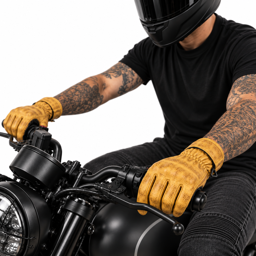 Gelbe Motorrad-Lederhandschuhe Herren mit Vintage Optik