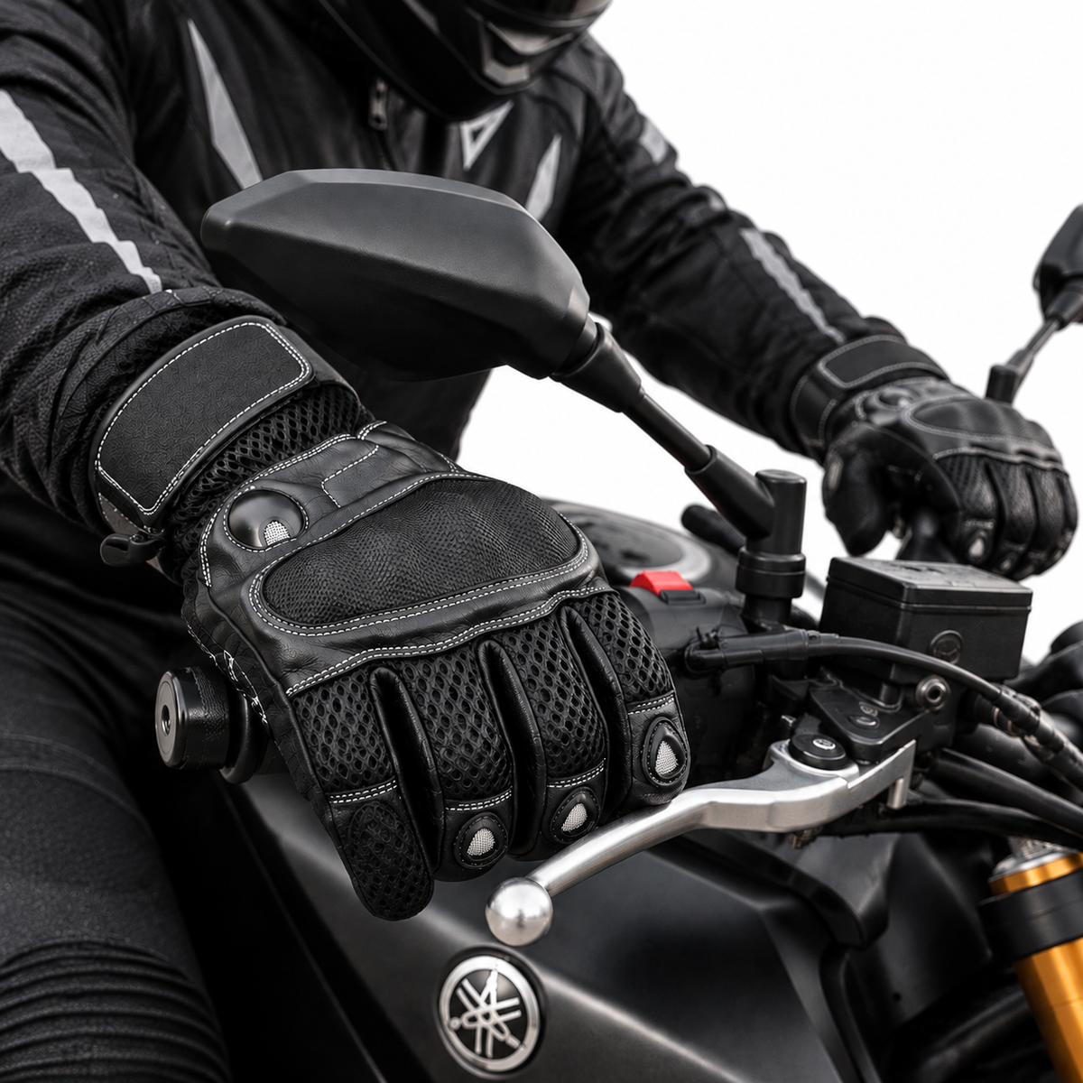 Herren Motorradhandschuhe Schwarz mit Protektor, Mesh-Einsätzen und Klettverschluss