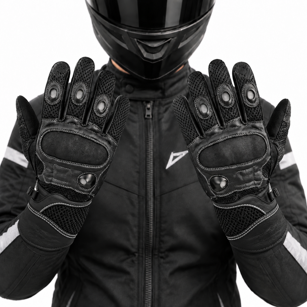Herren Motorradhandschuhe Schwarz mit Protektor, Mesh-Einsätzen und Klettverschluss