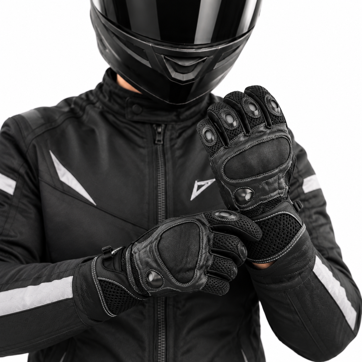 Herren Motorradhandschuhe Schwarz mit Protektor, Mesh-Einsätzen und Klettverschluss