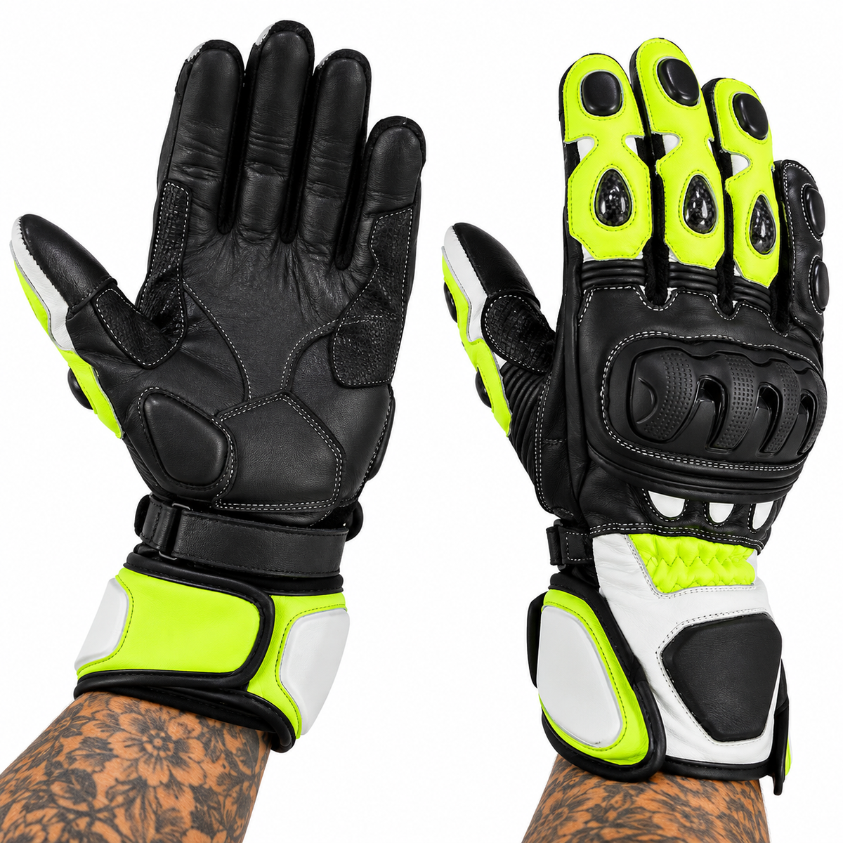 Herren Motorradhandschuhe Schwarz Grün mit Hartschutz und langer Stulpe