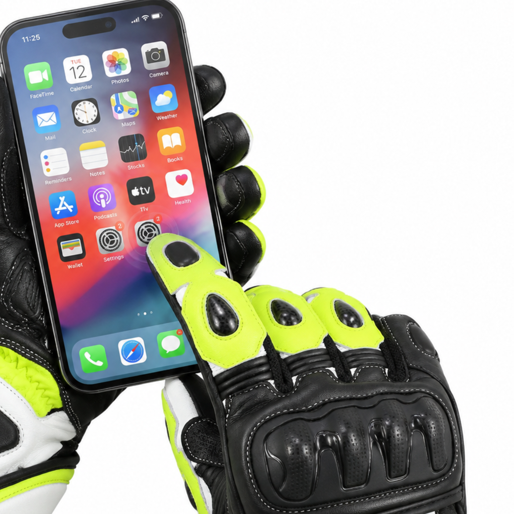Herren Motorradhandschuhe Schwarz Grün mit Hartschutz und langer Stulpe