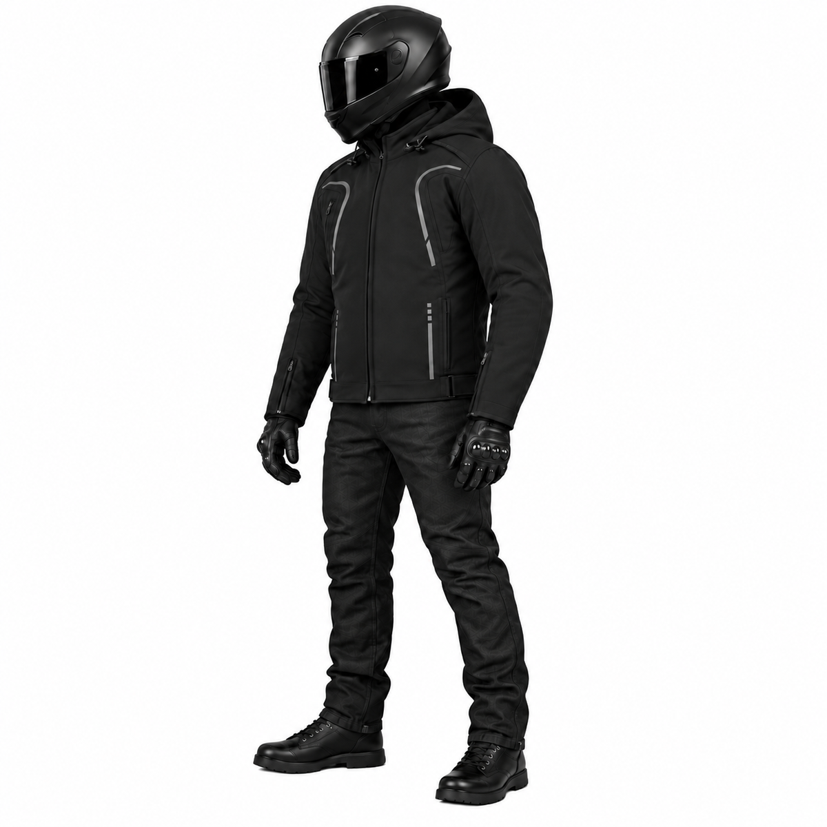 Softshell Motorradjacke Herren Schwarz mit abnehmbarer Kapuze und Reflexdetails