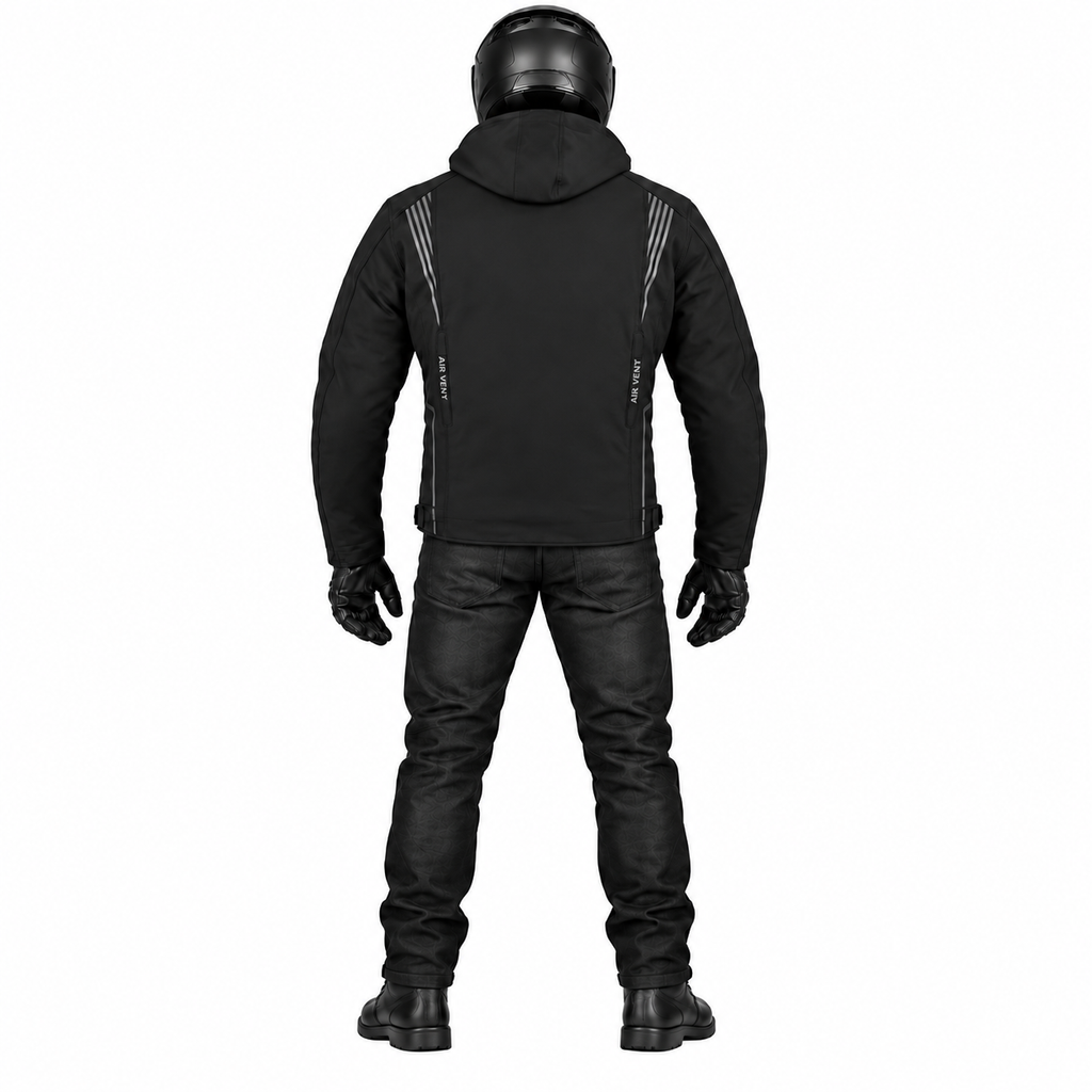 Softshell Motorradjacke Herren Schwarz mit abnehmbarer Kapuze und Reflexdetails