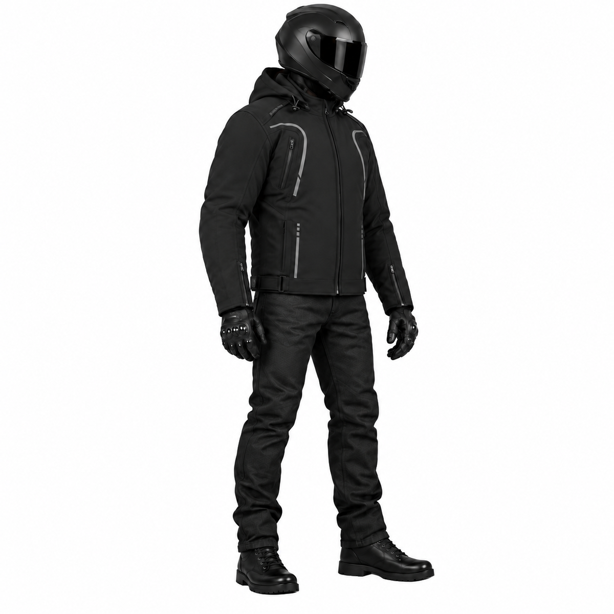 Softshell Motorradjacke Herren Schwarz mit abnehmbarer Kapuze und Reflexdetails