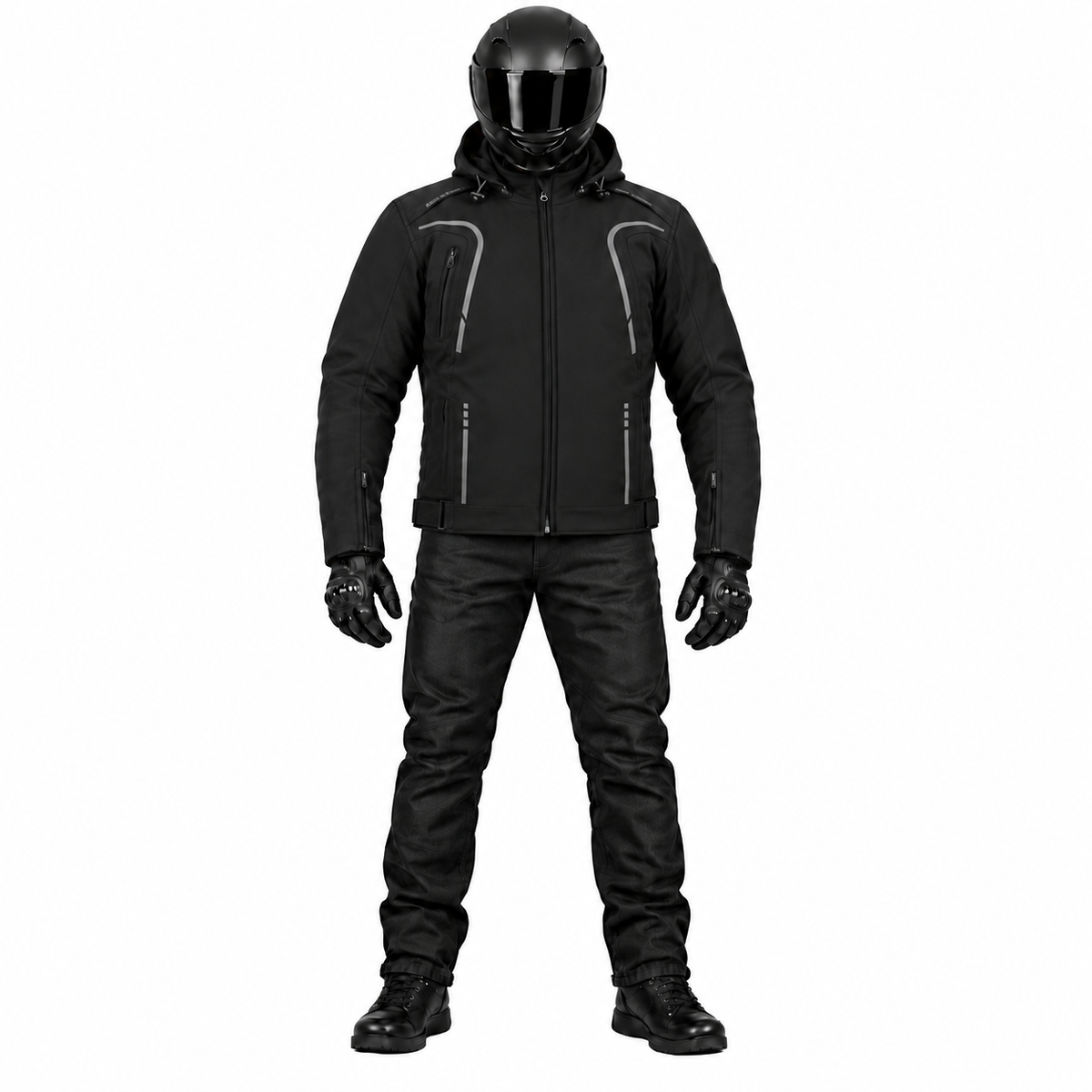 Softshell Motorradjacke Herren Schwarz mit abnehmbarer Kapuze und Reflexdetails