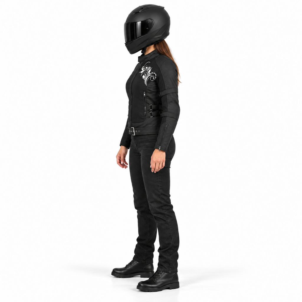 Damen Sommer-Motorradjacke in Schwarz mit Mesh und CE-Protektoren – Kurzer Schnitt