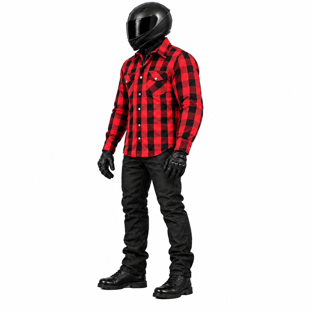 Motorradhemd Herren Rot/Schwarz – Kariertes Bikerhemd mit Reißverschluss
